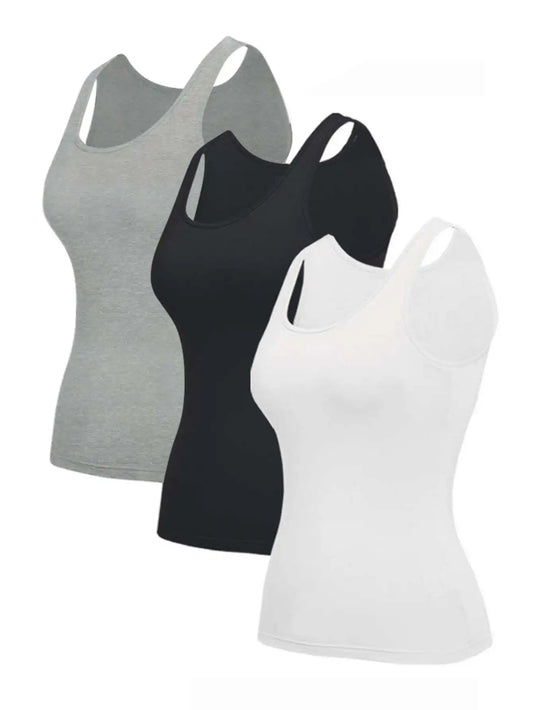 3pcs Solid Color Stretch KnitTank Top, Bottoming Vest T-shirt, Built-in Padded Cups- Regular Length, Round Neck, Casual Sportswe