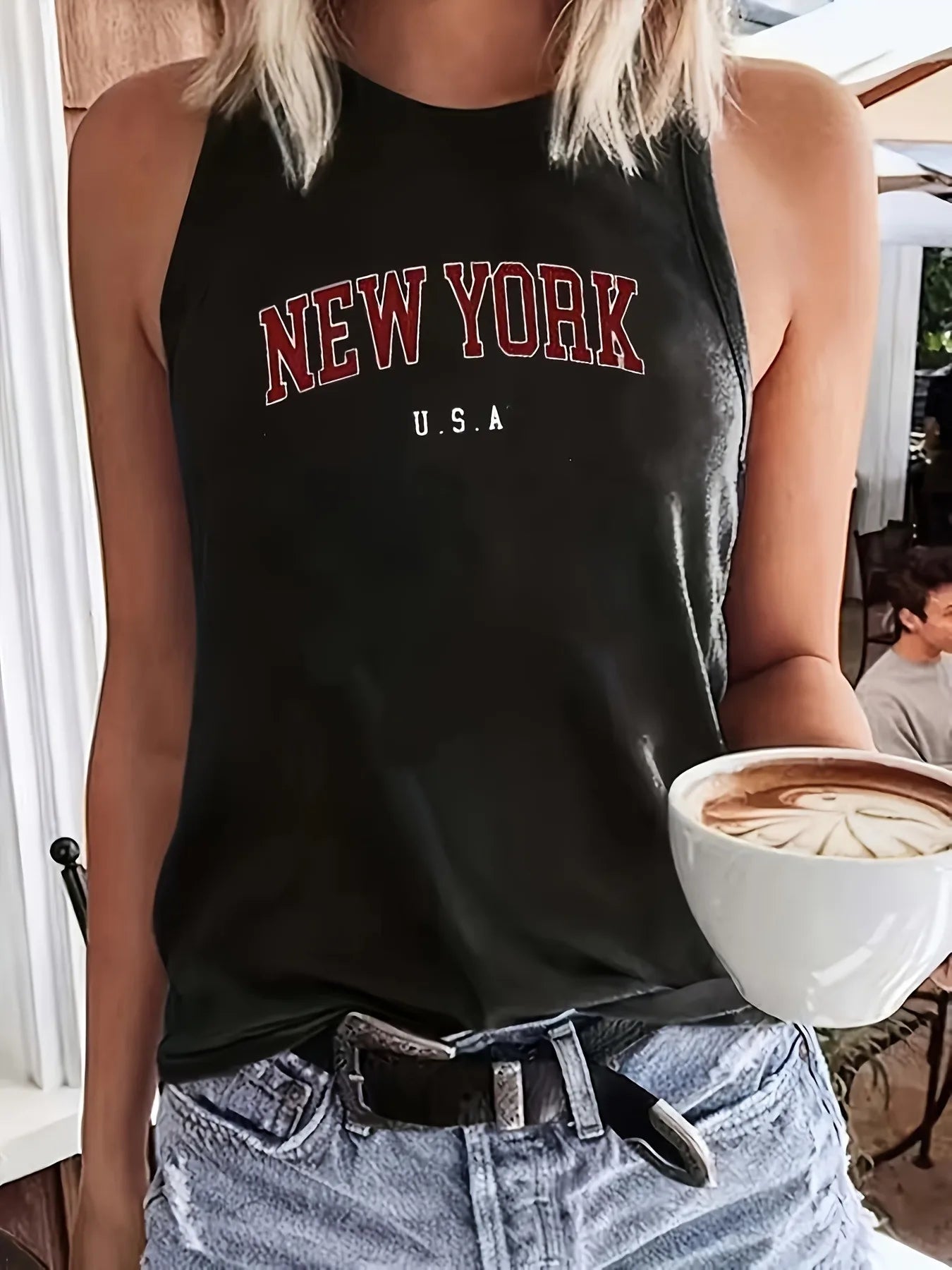 Chic Letter Print Casual Tank Top for Women - Crew Neck, Stretchy Polyester Blend, Machine Washable - Perfect for Summer