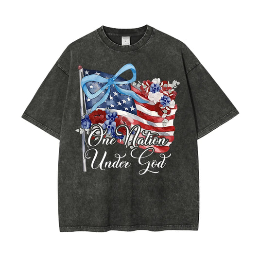 One Nation Under God Christian Washed T-Shirt Women’s Short Sleeve Oversized Tees Vintage Graphic Crewneck Tops Unisex Clothing