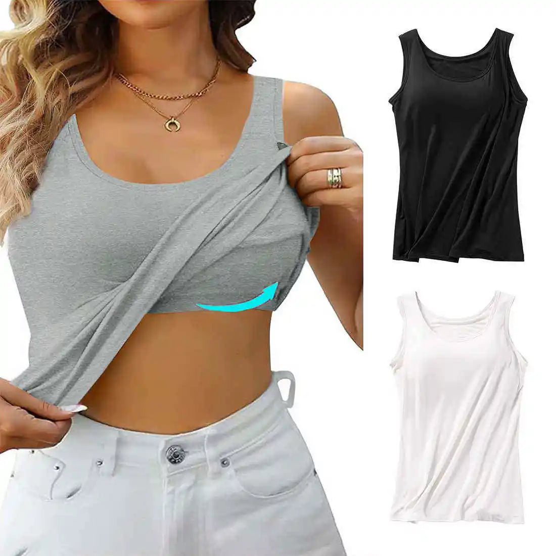 3pcs Solid Color Stretch KnitTank Top, Bottoming Vest T-shirt, Built-in Padded Cups- Regular Length, Round Neck, Casual Sportswe