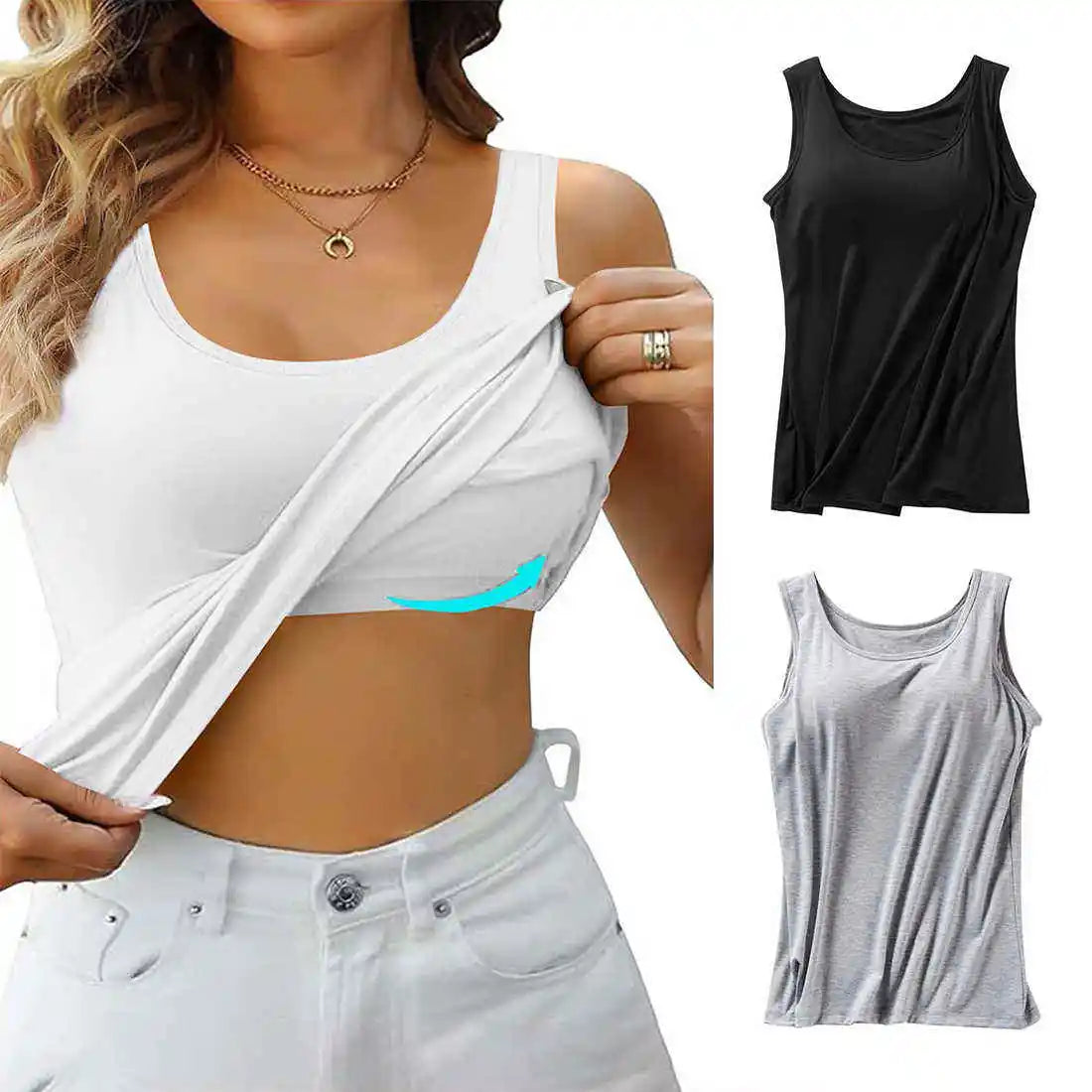 3pcs Solid Color Stretch KnitTank Top, Bottoming Vest T-shirt, Built-in Padded Cups- Regular Length, Round Neck, Casual Sportswe