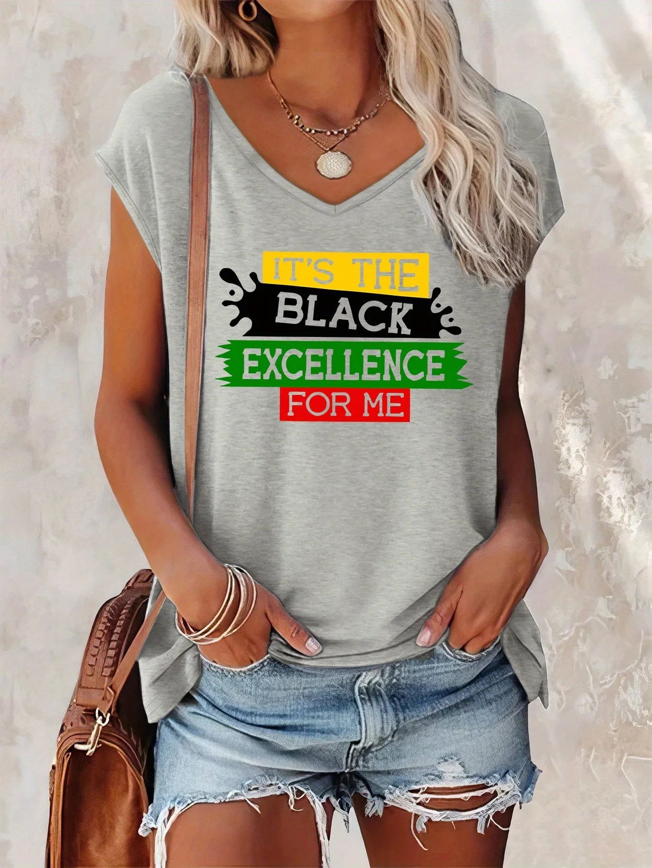 Chic Letter Print V-Neck T-Shirt for Women - Casual Cap Sleeve, Breathable Polyester Blend, Machine Washable