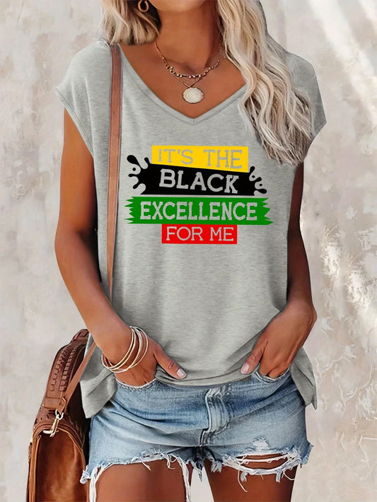 Chic Letter Print V-Neck T-Shirt for Women - Casual Cap Sleeve, Breathable Polyester Blend, Machine Washable