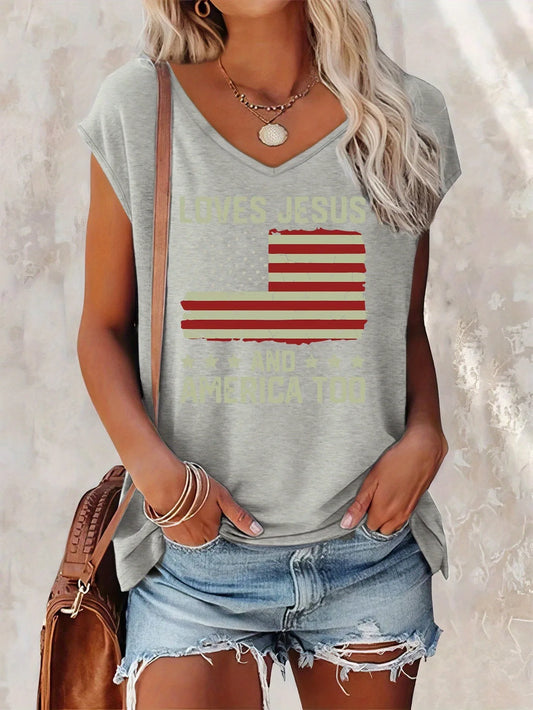 Breathable Knit, Chic Letter Print V-Neck T-Shirt for Women - Casual, Stretchy & Machine Washable, Perfect for All Seasons