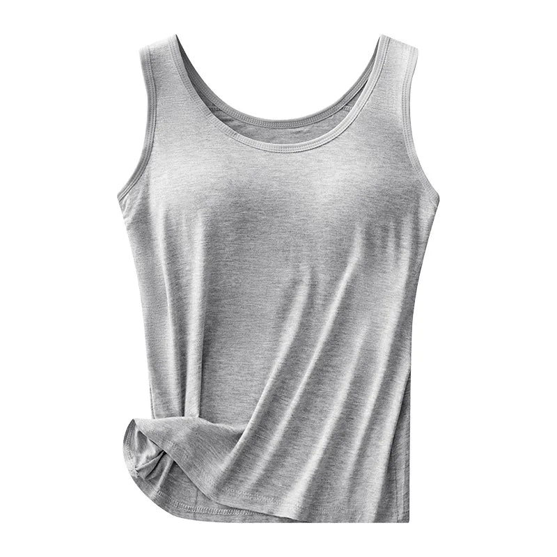 3pcs Solid Color Stretch KnitTank Top, Bottoming Vest T-shirt, Built-in Padded Cups- Regular Length, Round Neck, Casual Sportswe