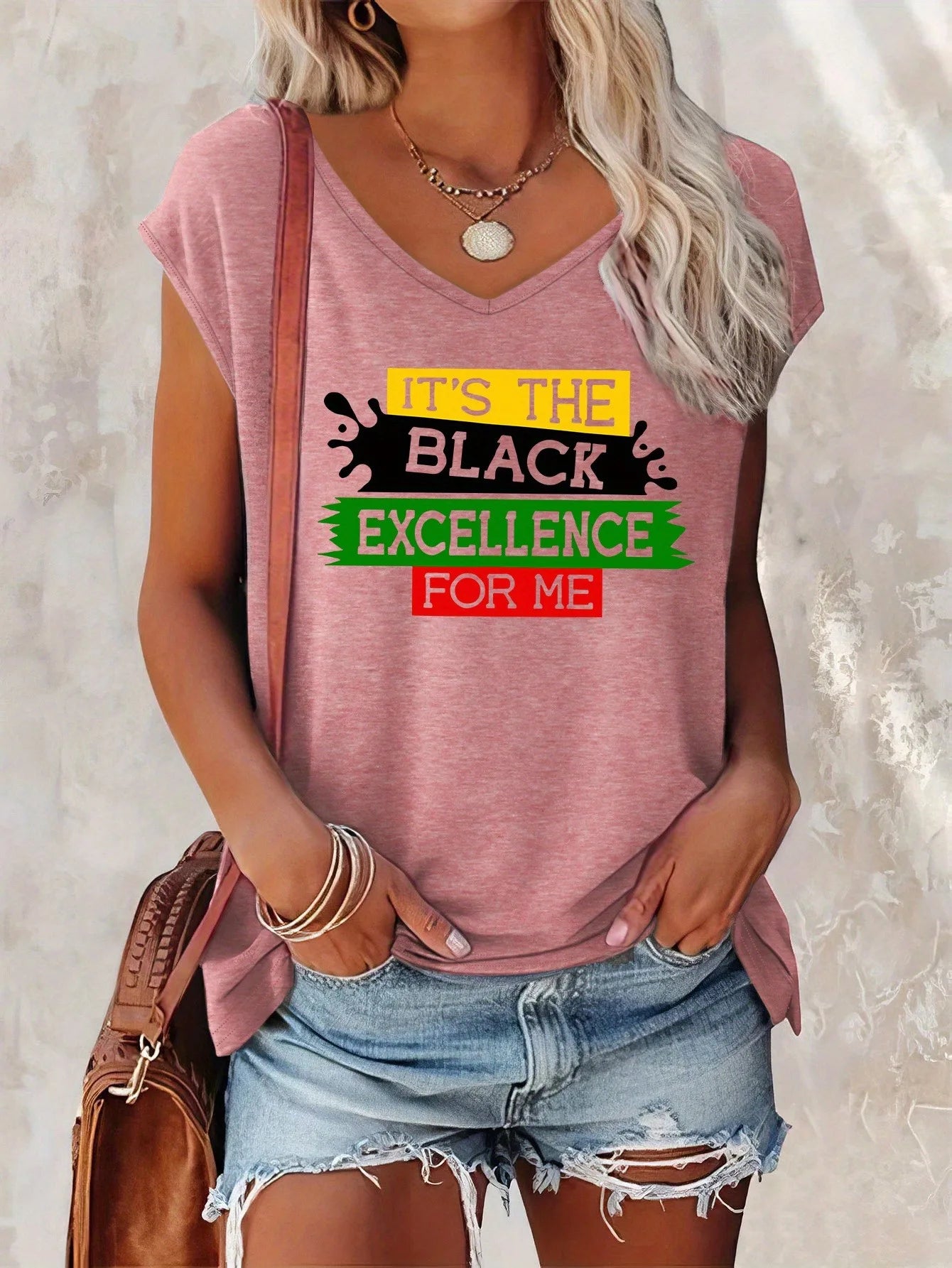Chic Letter Print V-Neck T-Shirt for Women - Casual Cap Sleeve, Breathable Polyester Blend, Machine Washable