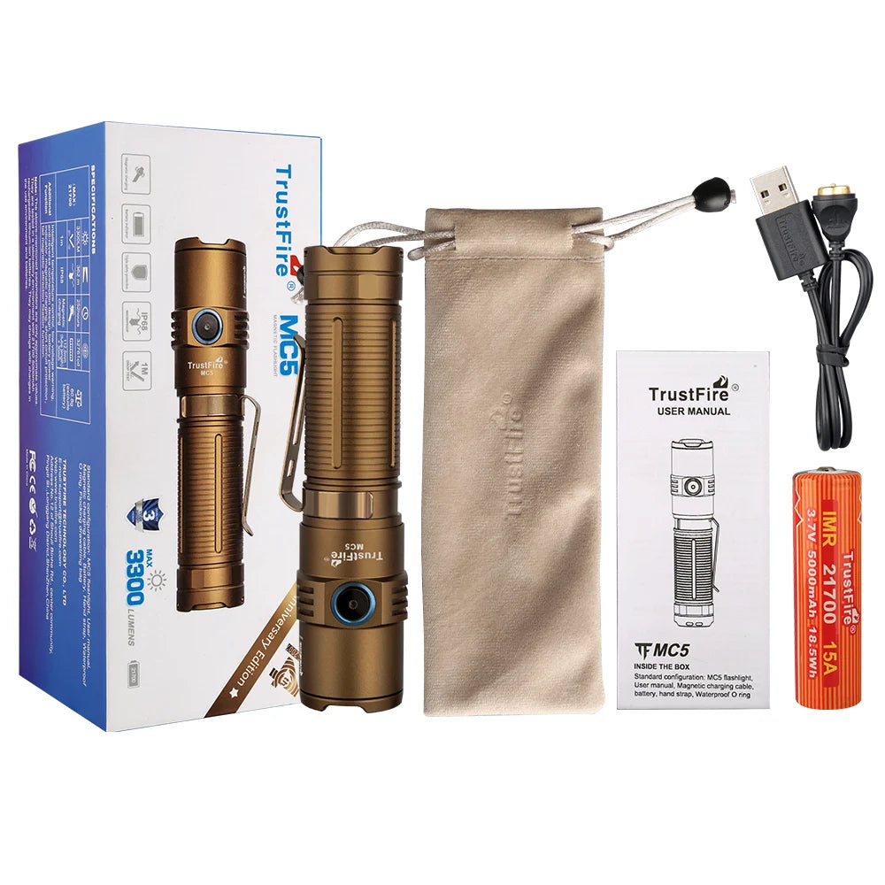 Trustfire MC5 LED EDC Flashlight 3300Lumen Rechargeable Lamp 21700 Battery Torchs with Magnetic USB Charging and Power Indicator