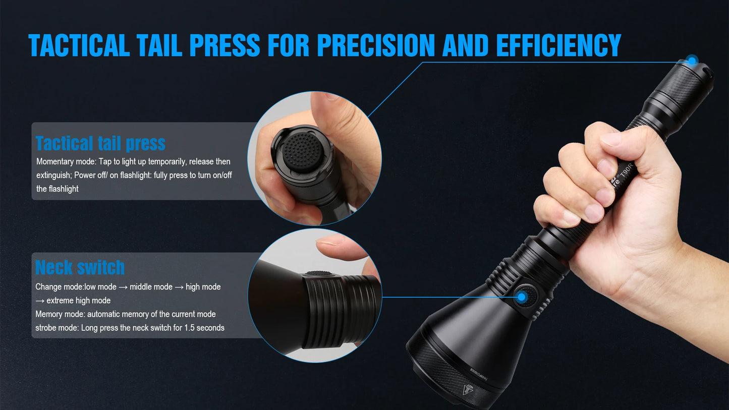 TrustFire T90R Kit High Power 4800 Lumens LED Hunting Flashlight, 1600 Meters Long Range Rechargeable Tactical Flashlight