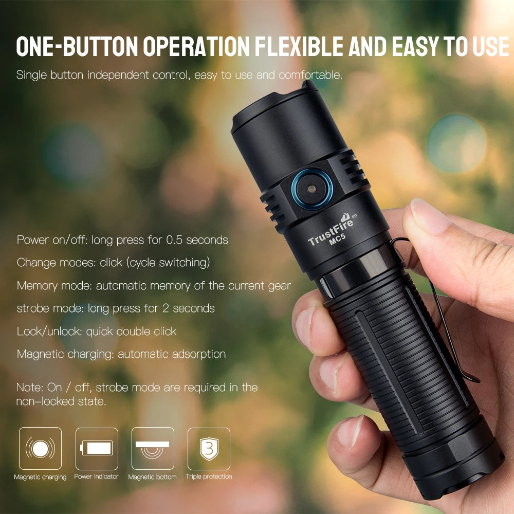 Trustfire MC5 LED EDC Flashlight 3300Lumen Rechargeable Lamp 21700 Battery Torchs with Magnetic USB Charging and Power Indicator