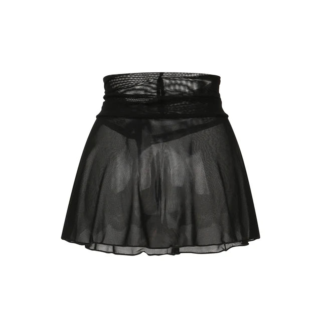 Women Sexy See Through Mini Skirt Summer High Waist Solid Skater Skirt Beach Cover-ups Sheer Mesh Rave Festival Skirt Night Club