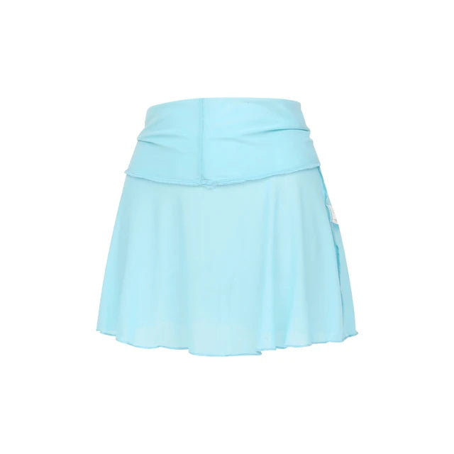 Women Sexy See Through Mini Skirt Summer High Waist Solid Skater Skirt Beach Cover-ups Sheer Mesh Rave Festival Skirt Night Club