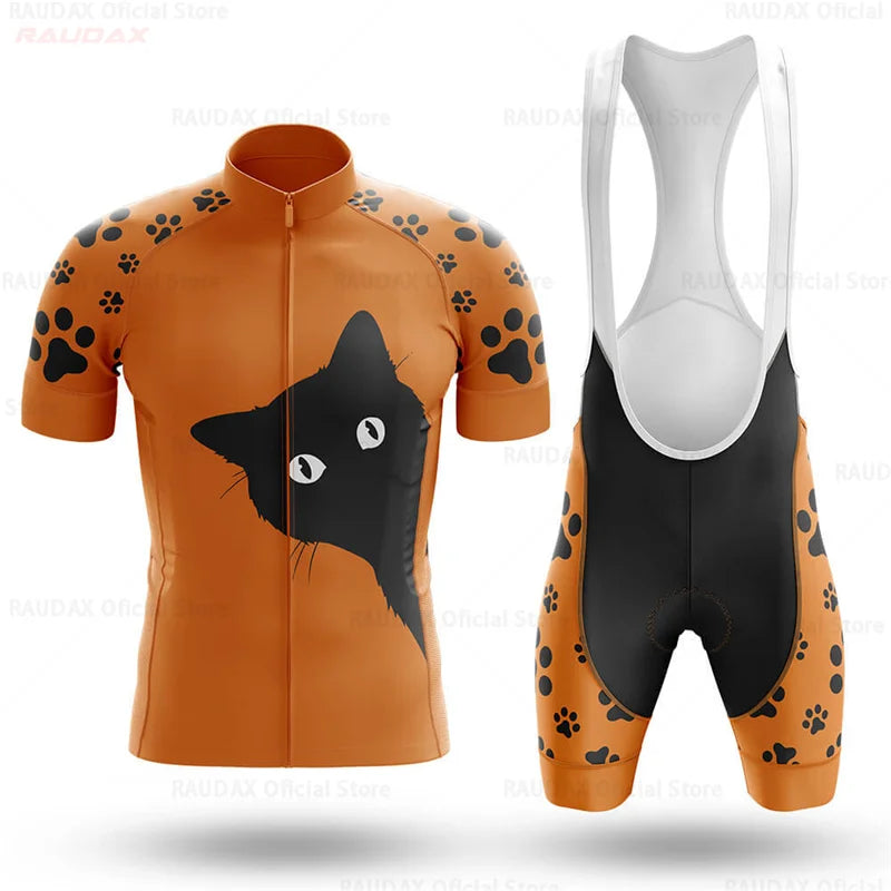 2023 Men's Cycling Clothes Funny Cartoon Cat Summer Short Sleeve Cycling Jersey Set Breathable Quick Dry Sportswear Bike Uniform