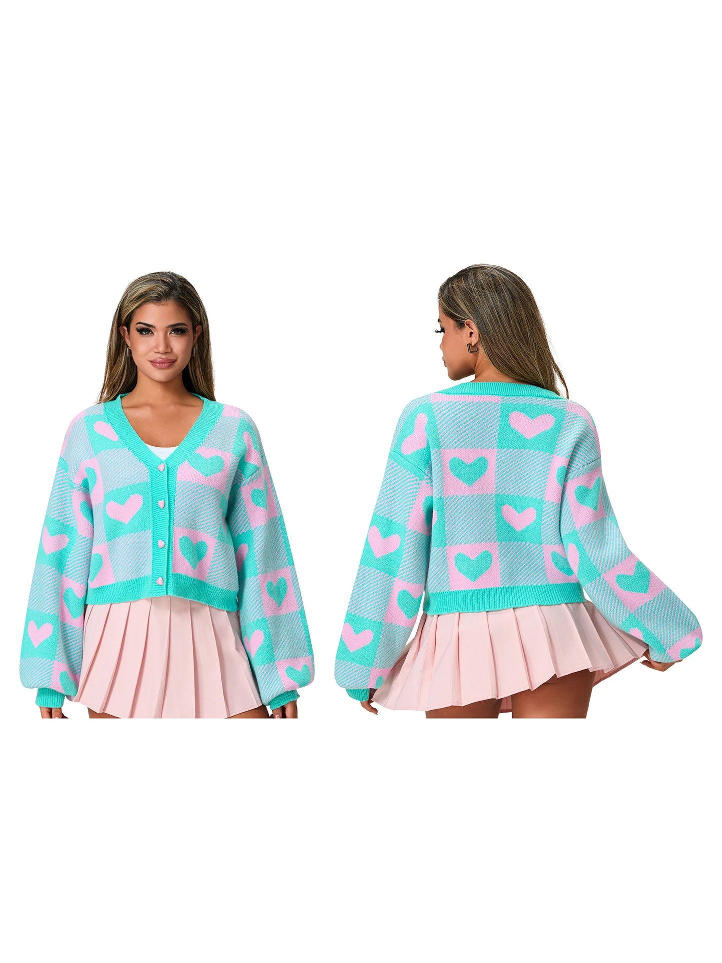 Valentine s Day Women s Heart Print Knit Sweater Cardigan with Long Sleeves V Neck and Button Up Detail