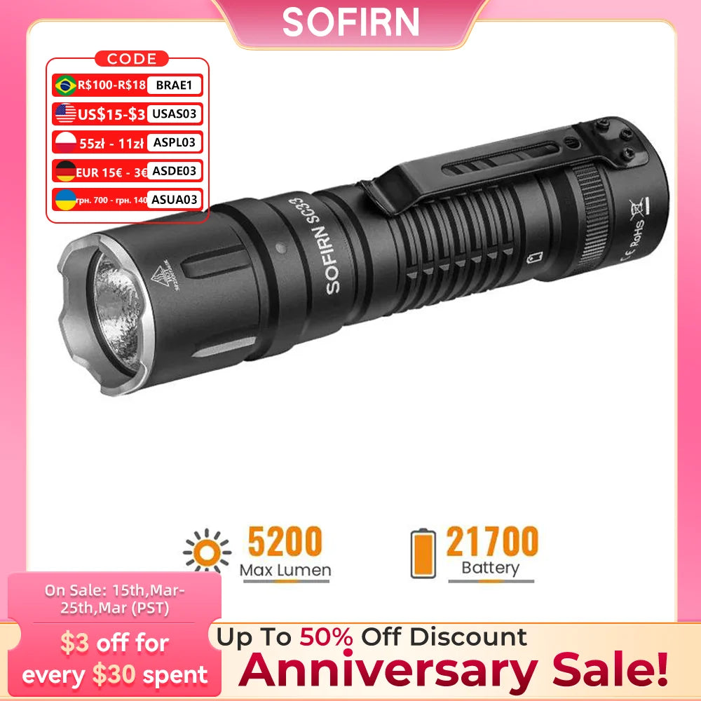 Sofirn SC33 LED Tactical Flashlight XHP70.3 HI  5200lm Powerful 21700 Type C Rechargeable Torch E-switch Outdoor Light