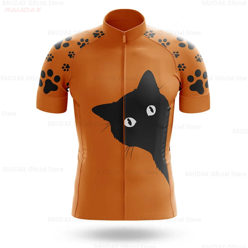 2023 Men's Cycling Clothes Funny Cartoon Cat Summer Short Sleeve Cycling Jersey Set Breathable Quick Dry Sportswear Bike Uniform