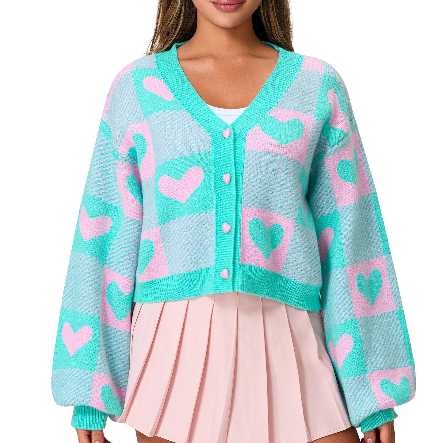 Valentine s Day Women s Heart Print Knit Sweater Cardigan with Long Sleeves V Neck and Button Up Detail