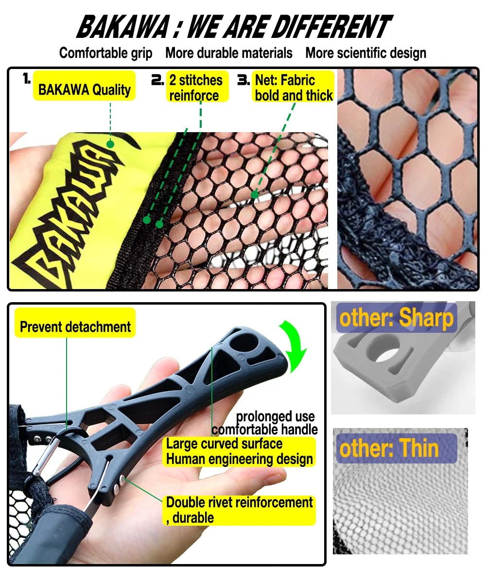 BAKAWA 25 30 S L Compact Folding Landing Net Rubber Mesh Lightweight Portable Fish Net Bass Fishing Quality Net Pesca Accesorios