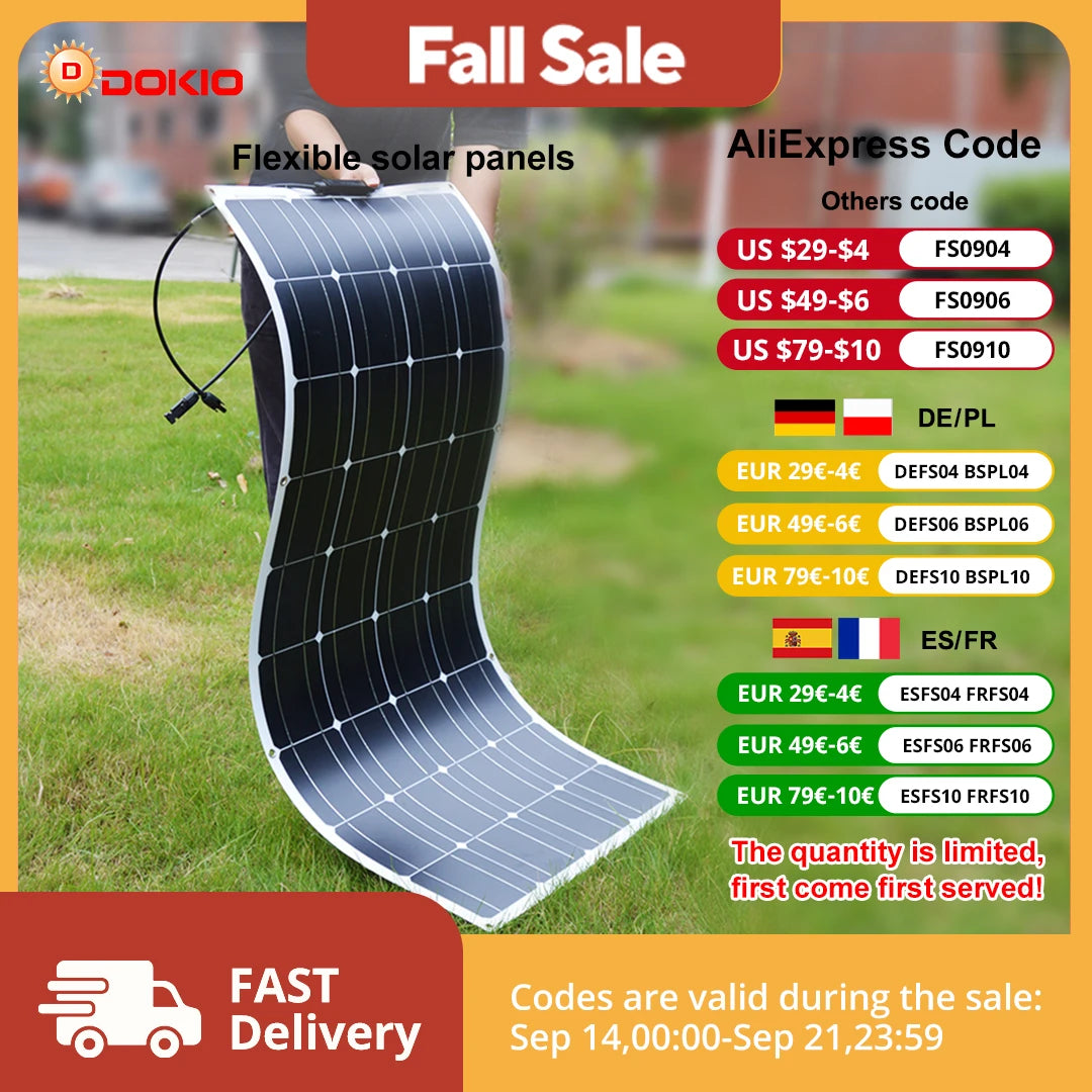 DOKIO 18V 100W/200W/400W Flexible Solar Panels Waterproof Monocrystalline Solar Panel Camping RV Home Charge 12V