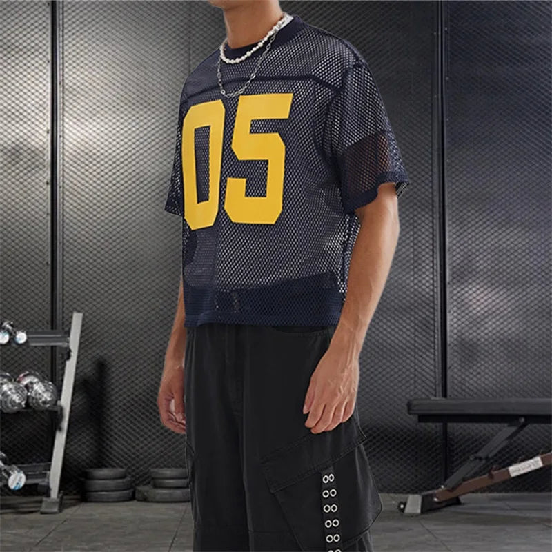 Men s Breathable Mesh Shirt with Bold Number Print Sheer Short Sleeves and Round Neckline - Perfect for Casual Streetwear and