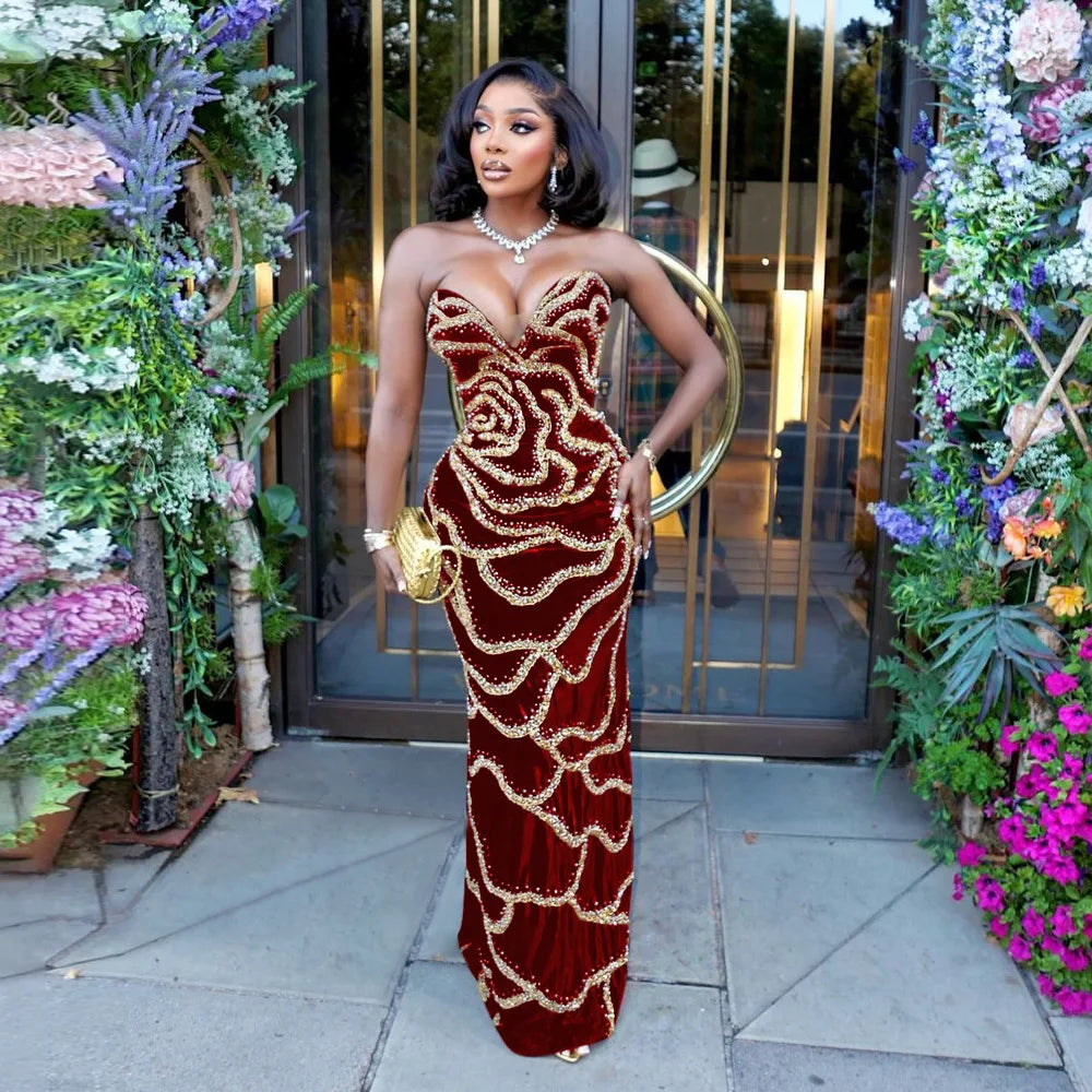 XTOCEAN Floral Sequined Strapless Maxi Dresses for Women Sleeveless Off the Shoulder Sexy Birthday Party Evening Long Dress 2025