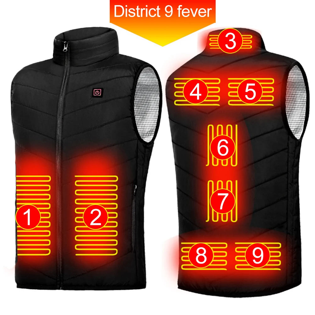Unisex Electric Heated Vest 9 Heating Areas Heated Vest Coat Washable Lightweight with Zip USB Charging for Winter Sports Hiking