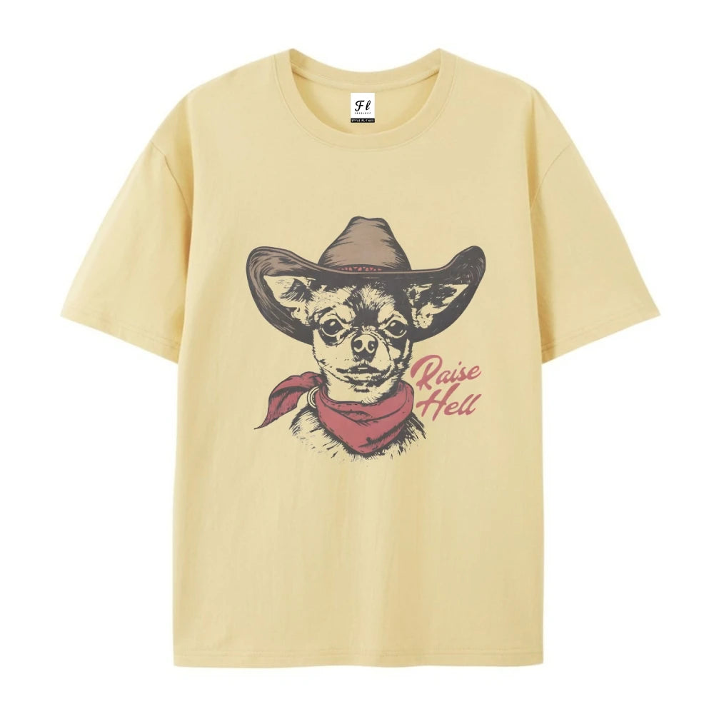 Retro Cowboy Dog T-Shirt Chihuahua Raise Hell Graphic Top Tee Vintage Retro Style Summer Clothes Pure Cotton Breathable Tee