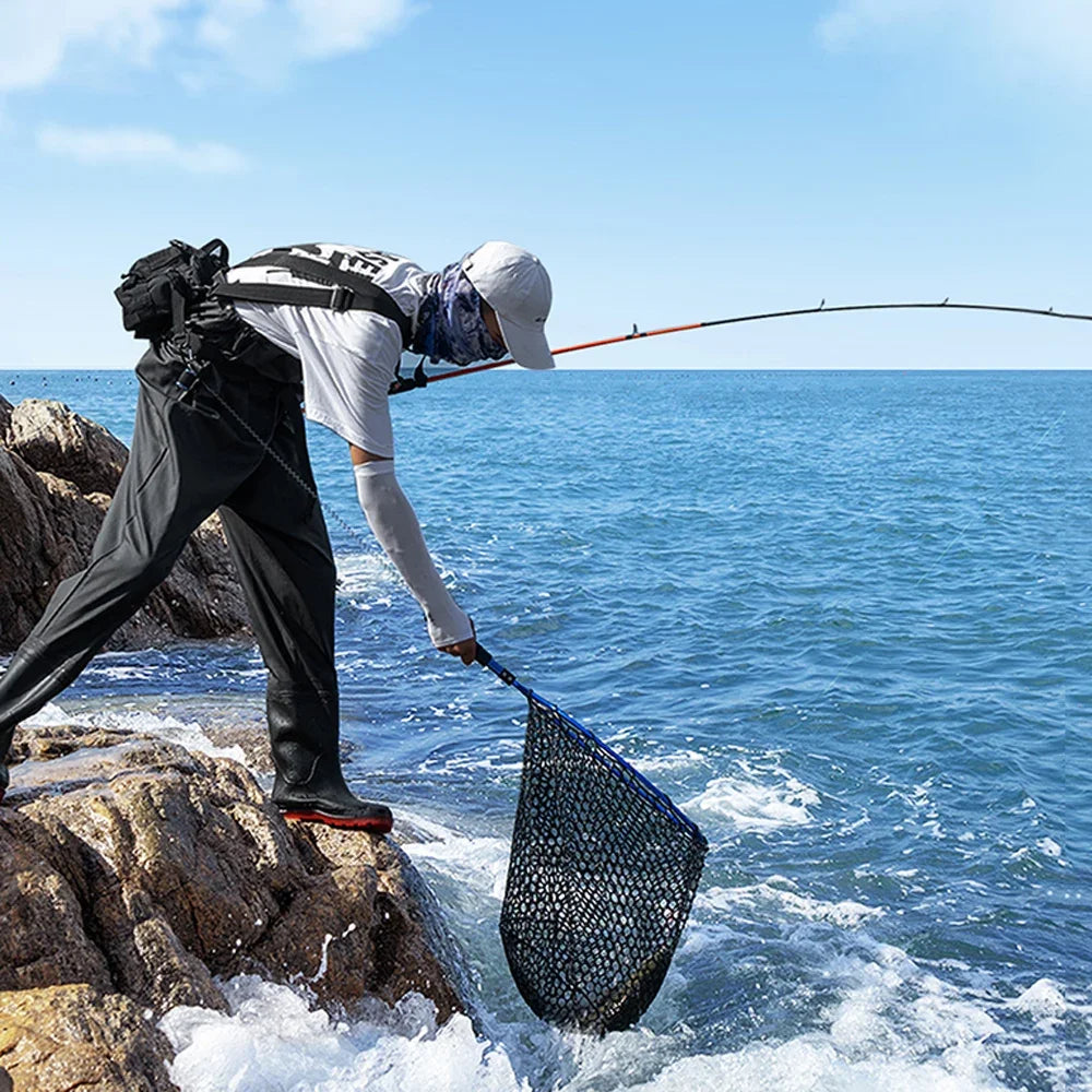 Foldable Fishing Landing Net with Long Handle for Bass Crappie Boat Saltwater Freshwater Quick Dry Rubber Mesh for Big Fish