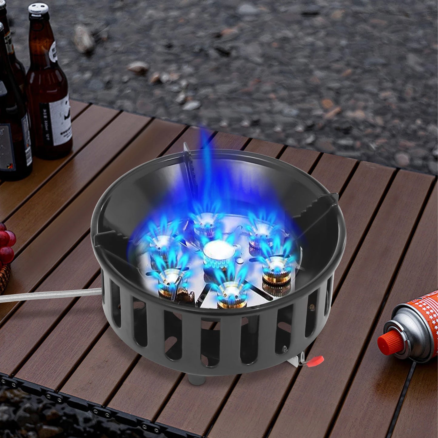 old-Rolled Steel Portable Camping Stove, 72000BTU 3-Adapter Gas Cooker, Windproof Design for Camping Hiking Picnic