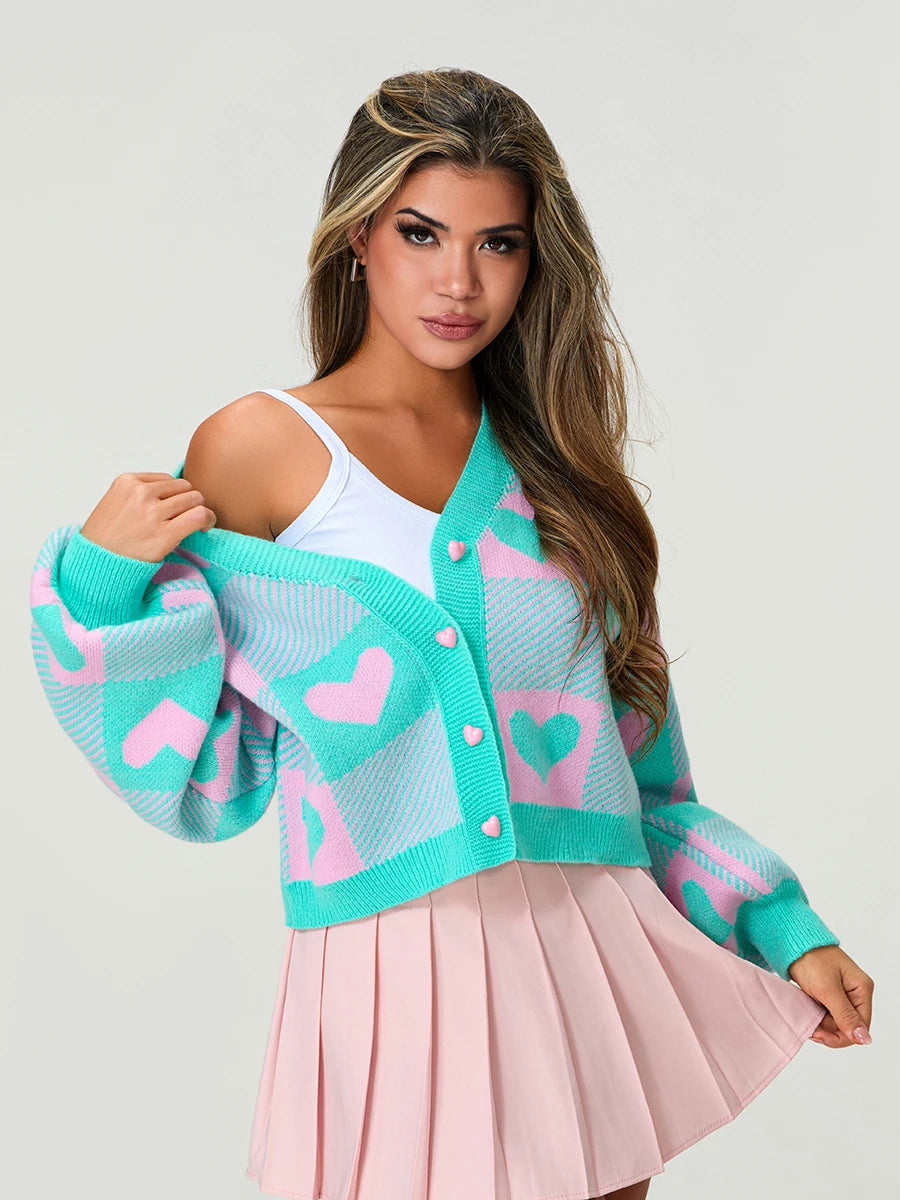 Valentine s Day Women s Heart Print Knit Sweater Cardigan with Long Sleeves V Neck and Button Up Detail