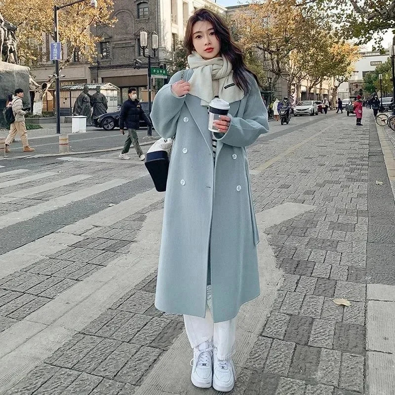 Blue Korean Style Woolen Coat Loose Women's Fashion Autumn Winter New Arrival Medium Length Belted Outerwear for Ladies