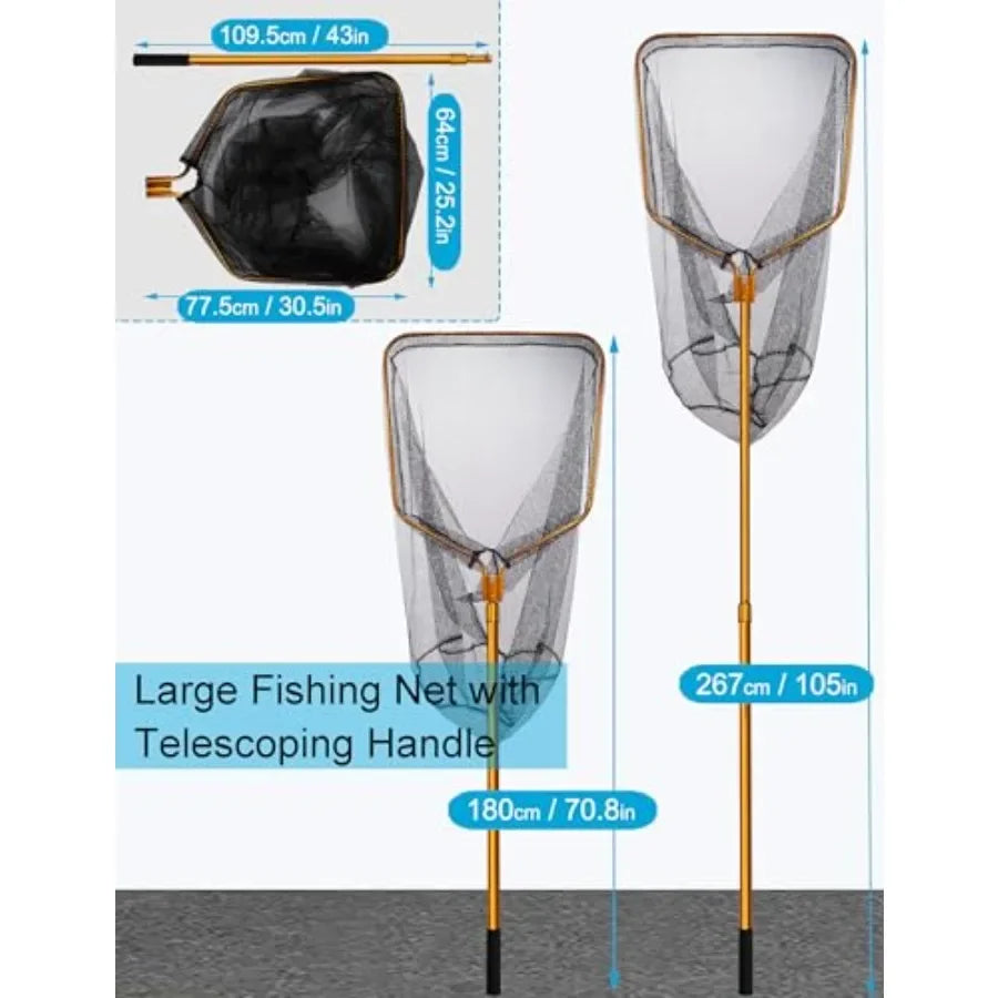Kayak fishing net, aluminum handle, black, extra-large telescopic design with snag-free rubber mesh for saltwater big game fish