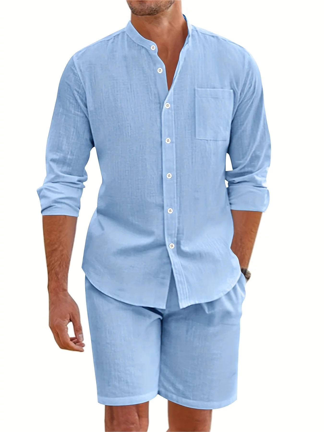 Men's summer two-piece polyester button shirt long sleeve shorts cardigan simple casual beach wear - the best choice for casual