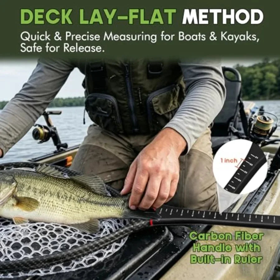 Fly Fishing Landing Net for Trout: Carbon Fiber Frame, Black/Gray, Soft Rubber Mesh Measurement Handle Standard or Long