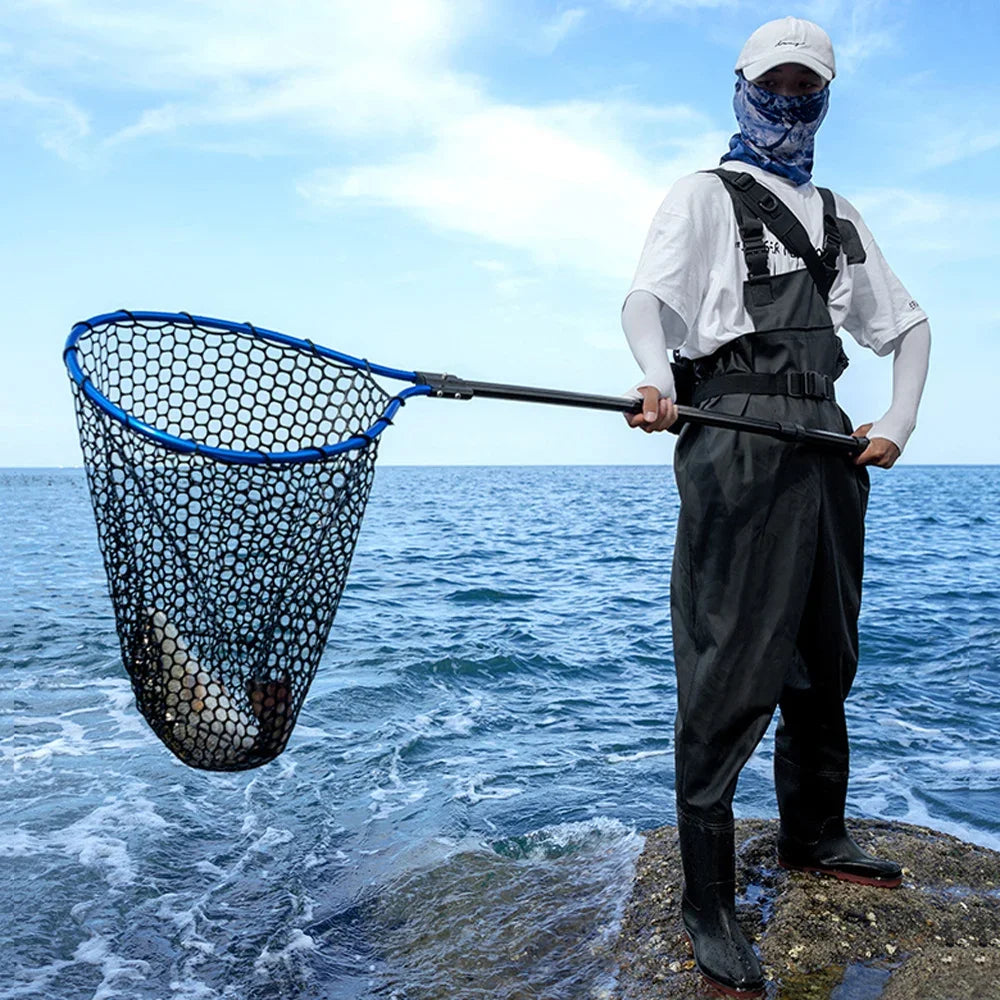 Foldable Fishing Landing Net with Long Handle for Bass Crappie Boat Saltwater Freshwater Quick Dry Rubber Mesh for Big Fish