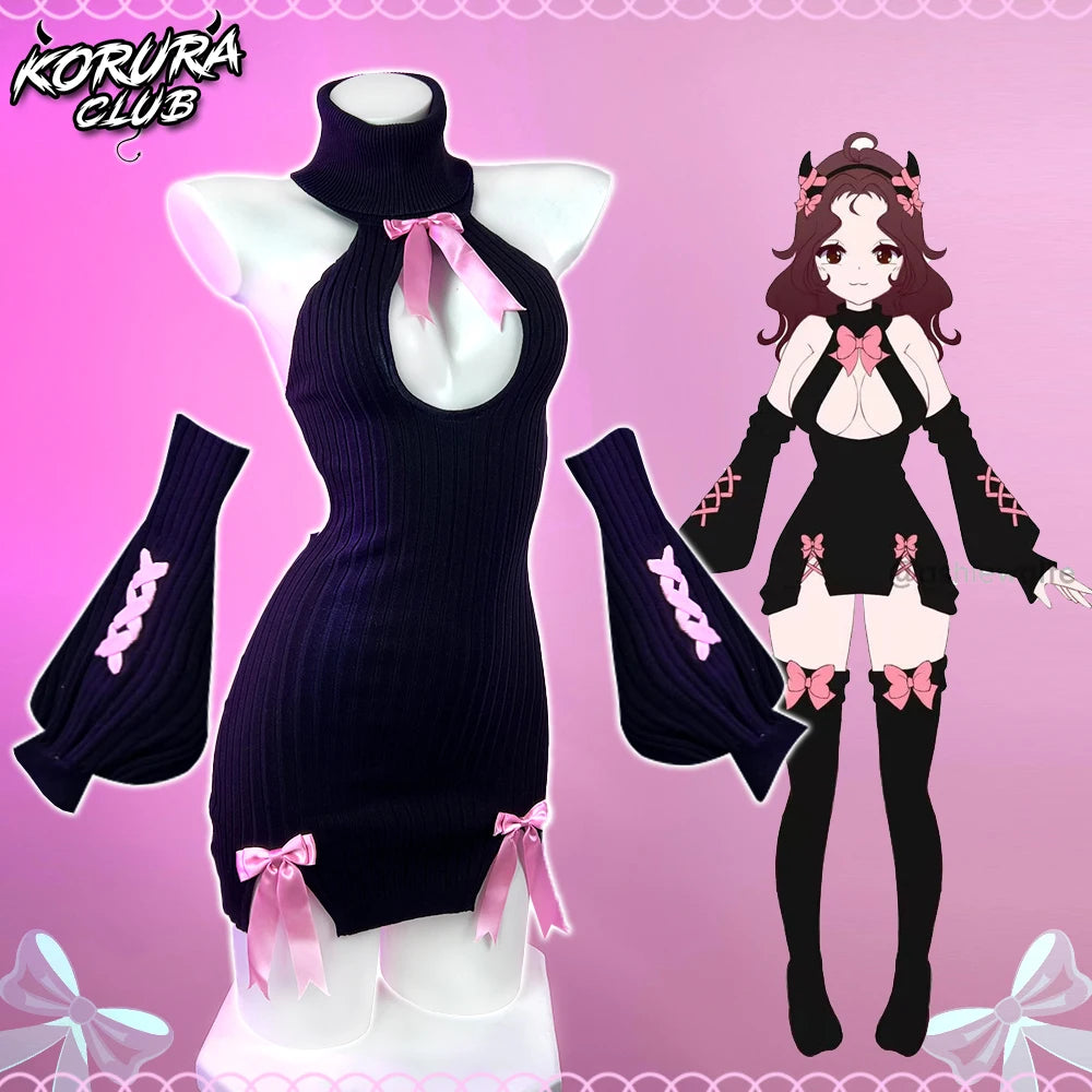 KORURACLUB autumn and winter Bowknot Sexy Black Knitted dress stockings Pink straps Backless Soft girl Turtleneck sweater