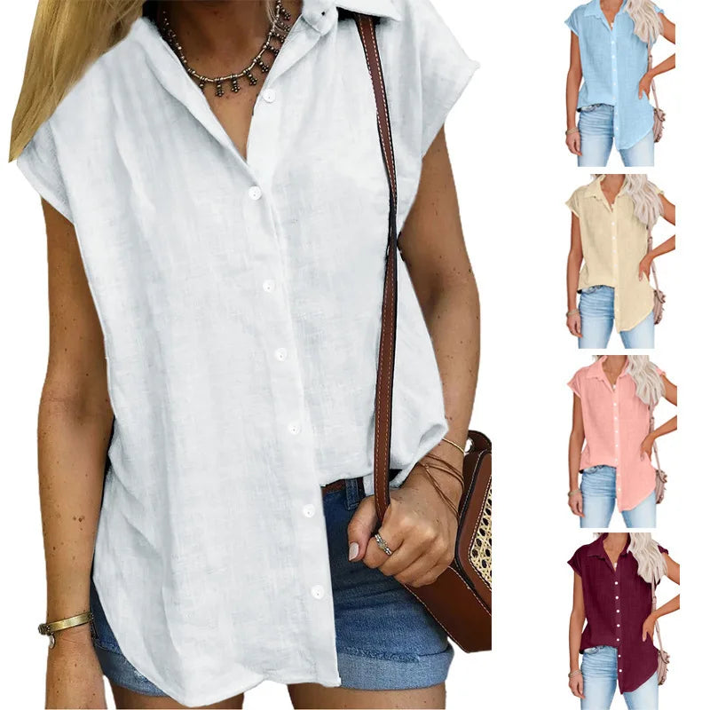 Summer Solid Cotton Linen Shirt Women's Clothing Casual Short Sleeve Tops Tee Ladies T-Shirts Blusas Thin Loose T Shirt Woman