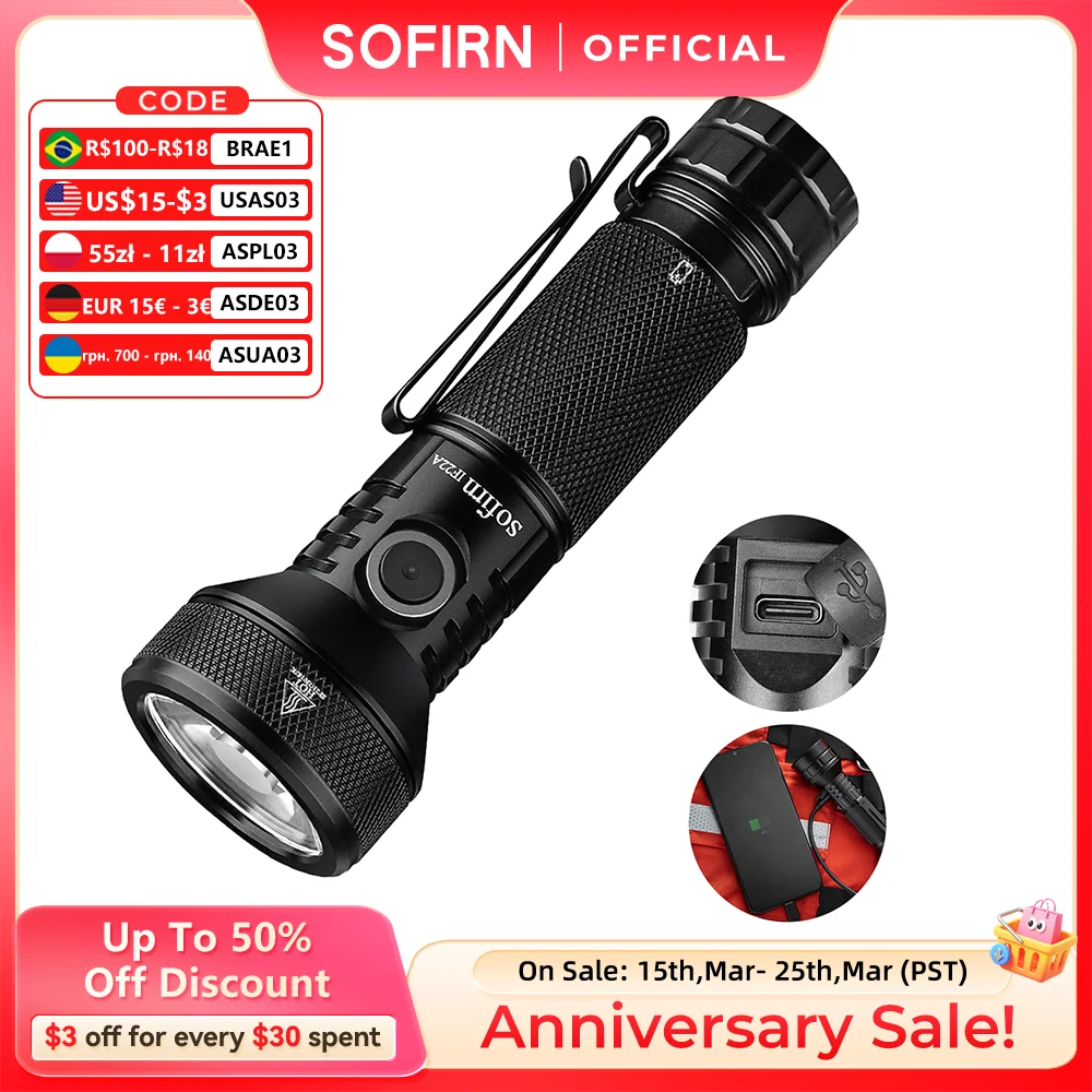 Sofirn IF22A 2100lm Flashlight 21700 Powerful Light SFT40 LED 629M Long Range USB C Rechargeable Charging  Throw Torch
