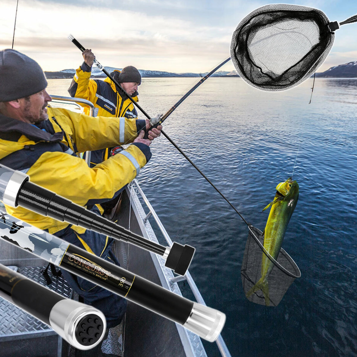 SANLIKE Folding Fishing Net Telescopic Handle with Adapter Fishing Net Set Rubber Coated Landing Net Catch Release Fishing Tools