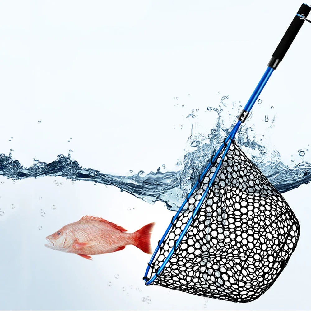 Foldable Fishing Landing Net with Long Handle for Bass Crappie Boat Saltwater Freshwater Quick Dry Rubber Mesh for Big Fish