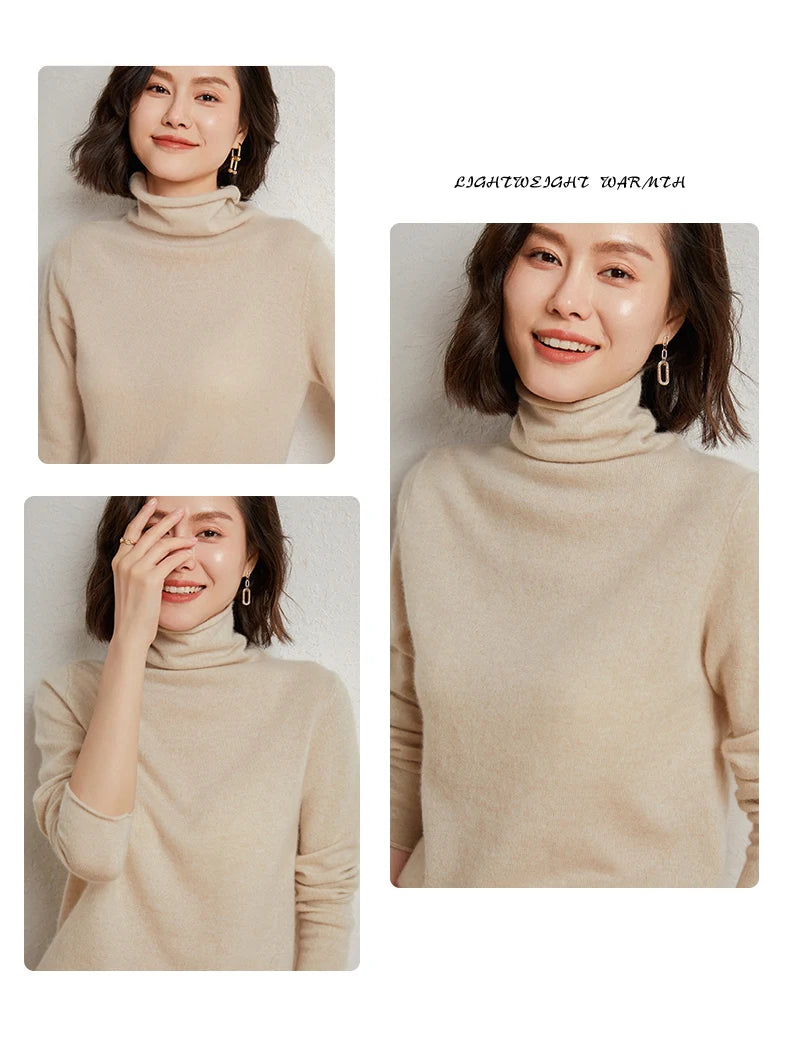 100%Merino Pure Wool Sweater Women's AutumnWinter Long Sleeve High Neck Pullover Warm High Quality Solid Color Basic Knit Jumper