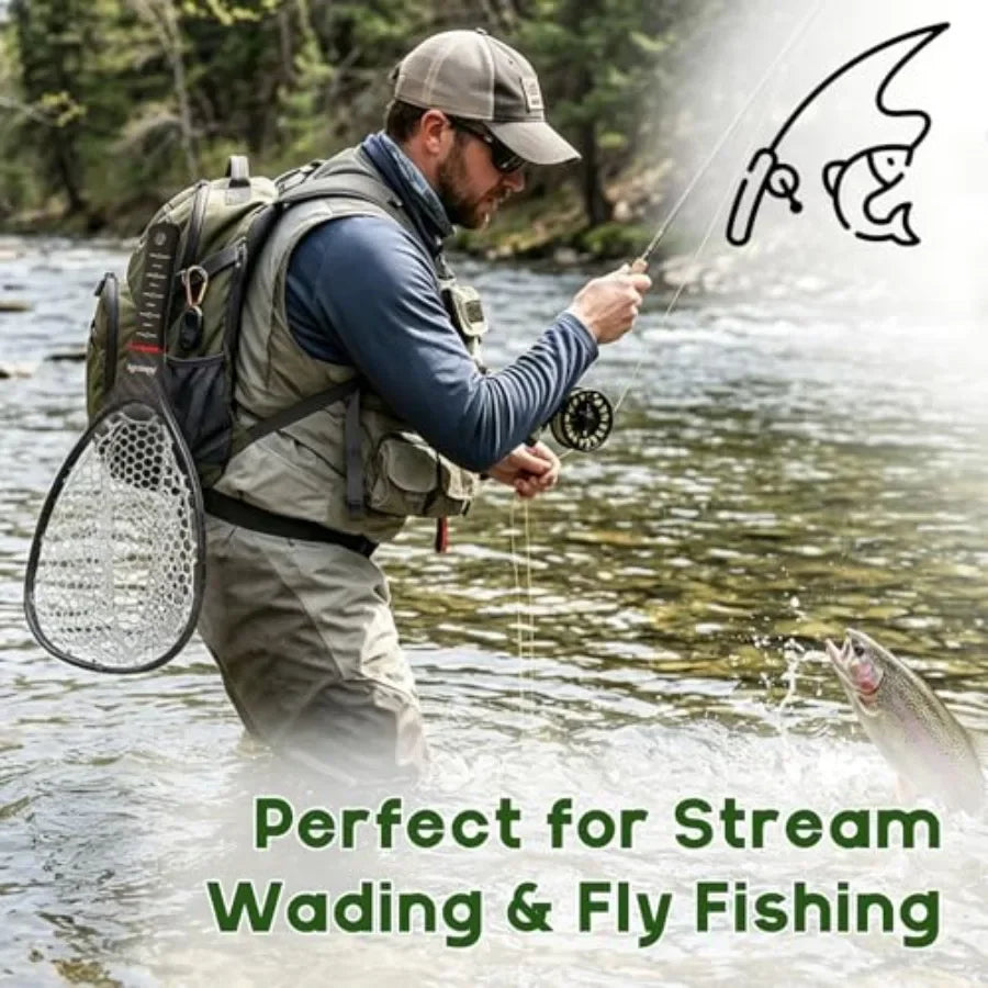 Fly Fishing Landing Net for Trout: Carbon Fiber Frame, Soft Rubber Mesh, Measurement Handle, Standard/Long Option