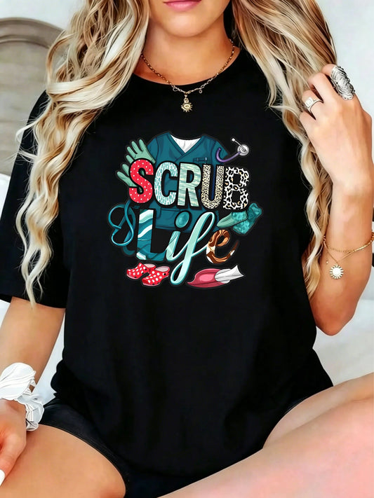 1Pcs Plus Size Women T-Shirt, Scrub Life with Medical Scrubs and Accessories Shirt, Loose Type Shirt for Women