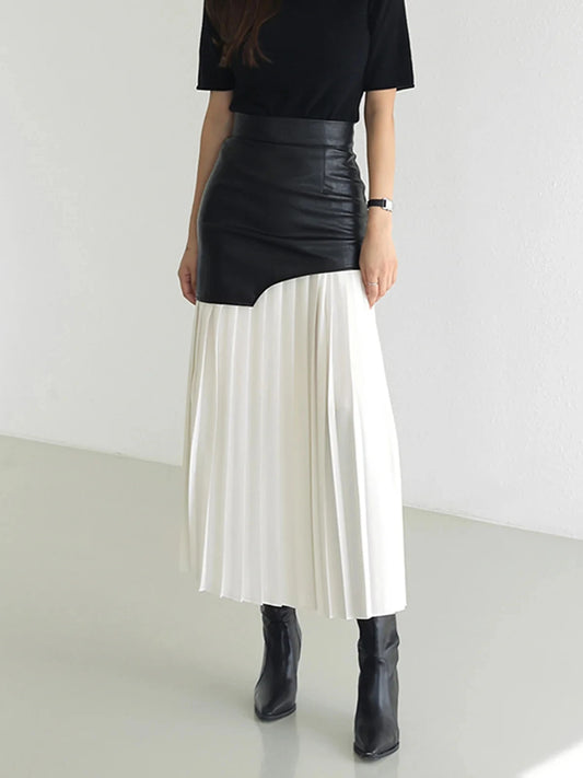 Elegant Dresses for Woman Clothing Contrast Color Pleated Midi Skirt Faux Leather Panel High Waist Edgy Chic for Streetwear