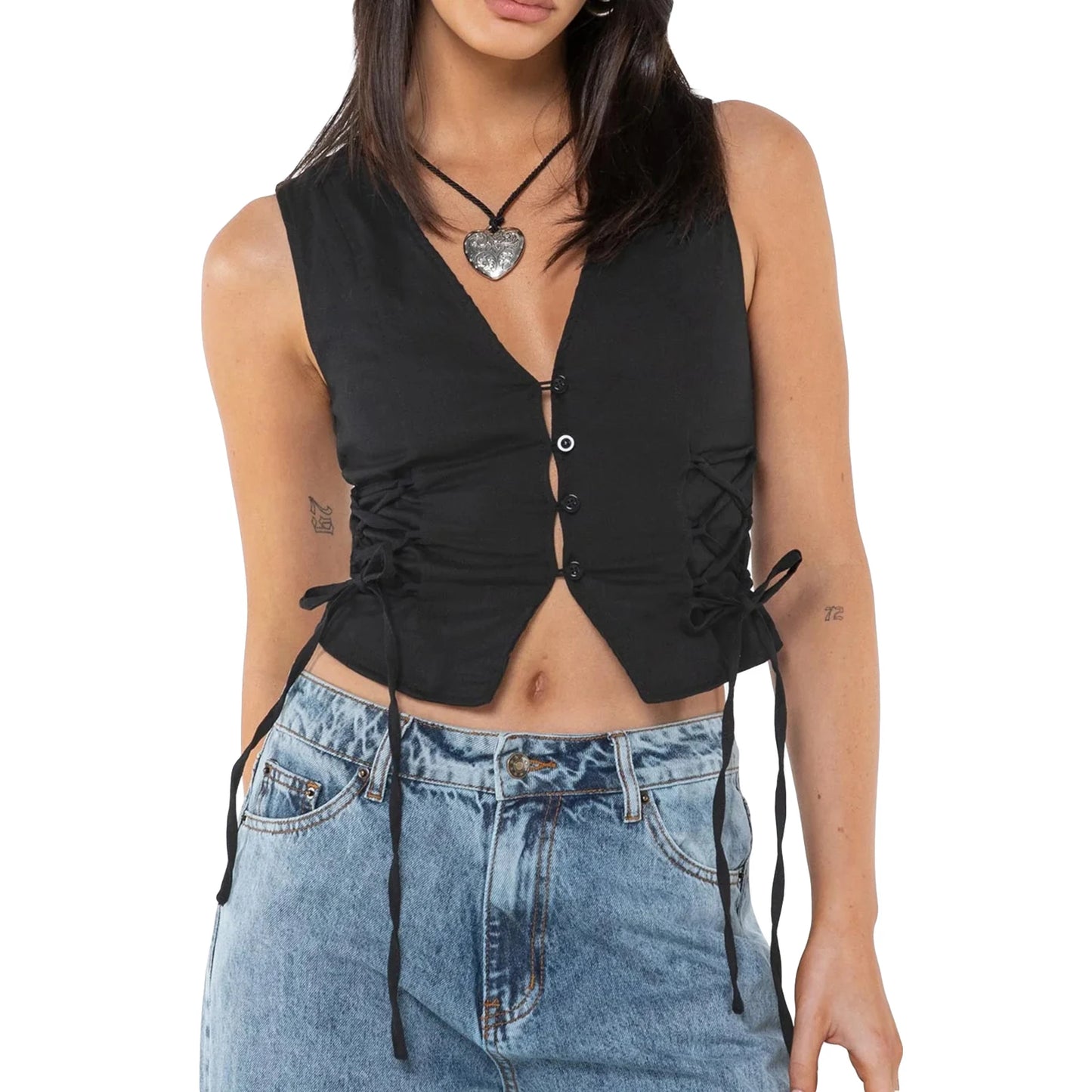 Women s Summer  Tank Tops Solid Color Front Button Vest Side Cross Tie-Up Waistcoat Streetwear