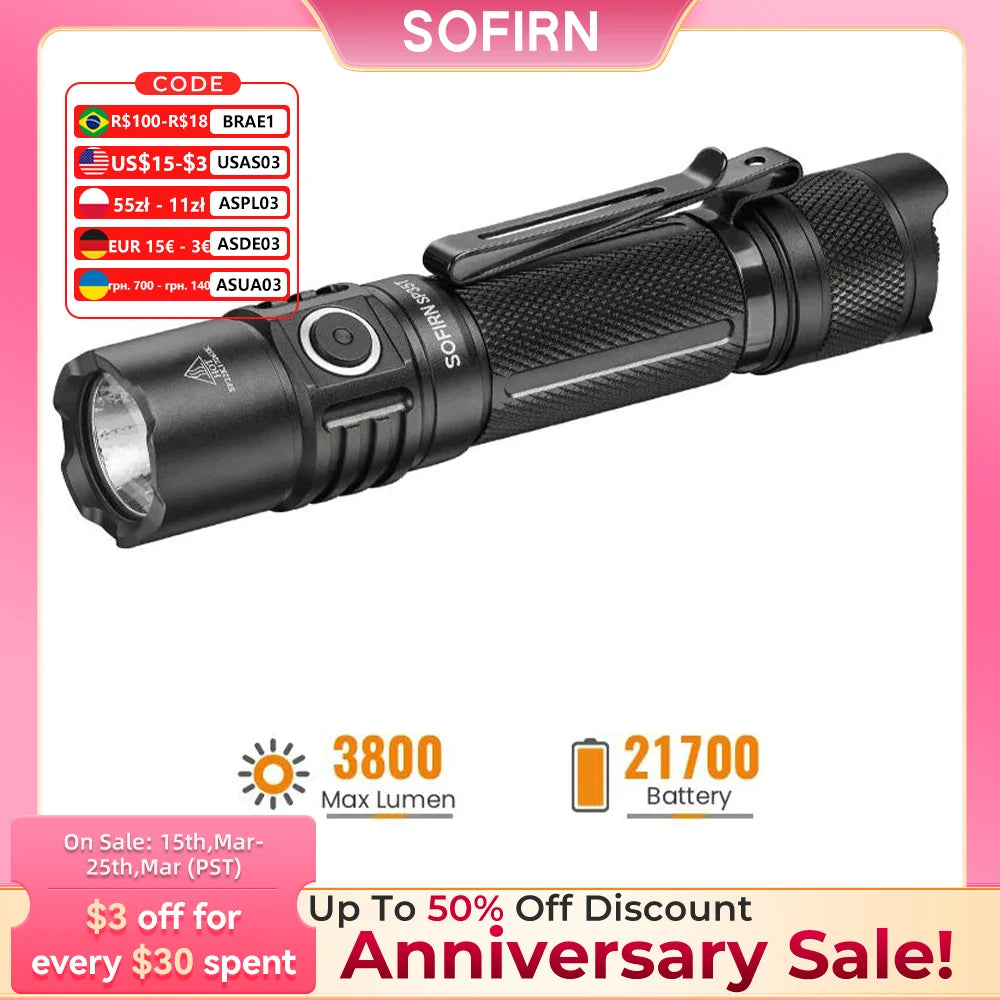 Sofirn SP35T 3800lm Tactical 21700 Flashlight Powerful LED Light USB C Rechargeable Torch with Dual Switch Power Indicator ATR
