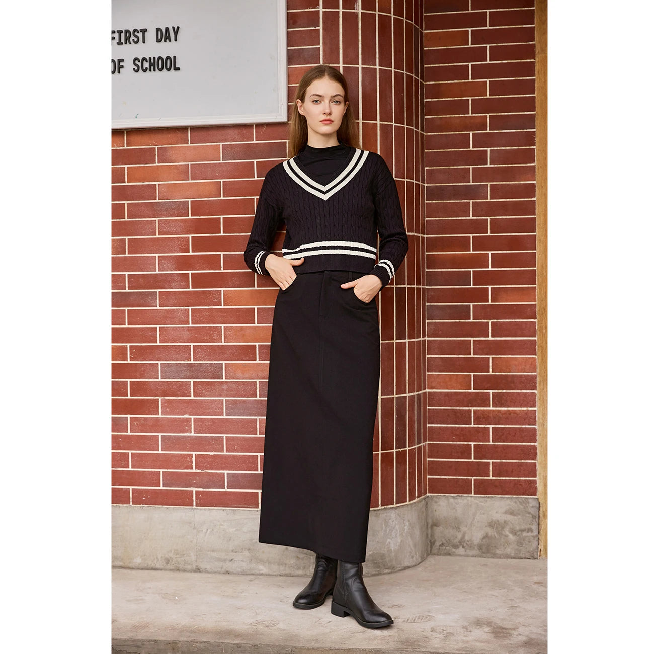 AP Women 2026 Autumn and Winter Knitting Patchwork Sweater Mock Neck Modal Shirt Stretch Skirt Leather Skirt