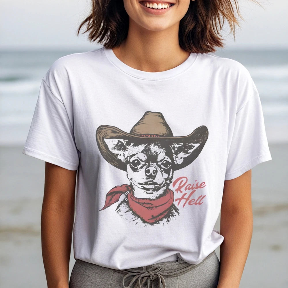 Retro Cowboy Dog T-Shirt Chihuahua Raise Hell Graphic Top Tee Vintage Retro Style Summer Clothes Pure Cotton Breathable Tee