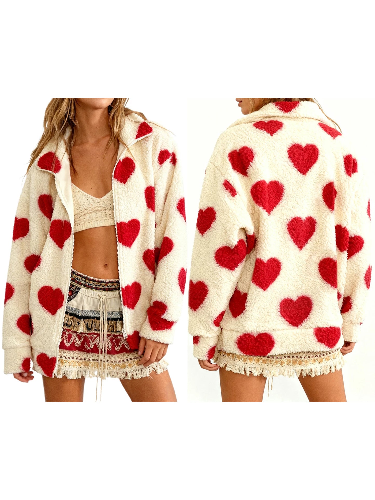 Women s Valentine s Day Heart Print Hooded Sweatshirt Casual Long Sleeve Pullover Loose Fit Fleece Jacket Coat