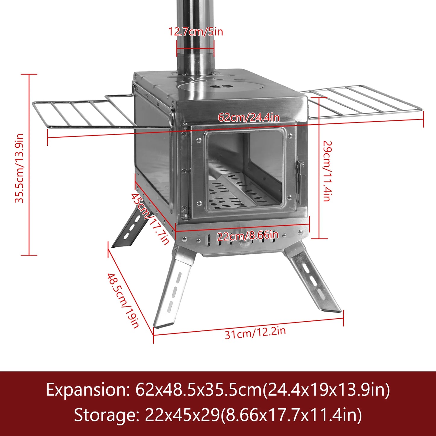 Stainless Steel Smokeless Fireplace Secondary Burning Wood Stove Camping Tent Stove with Chimney Pipes & Gloves with 5 Pipes for