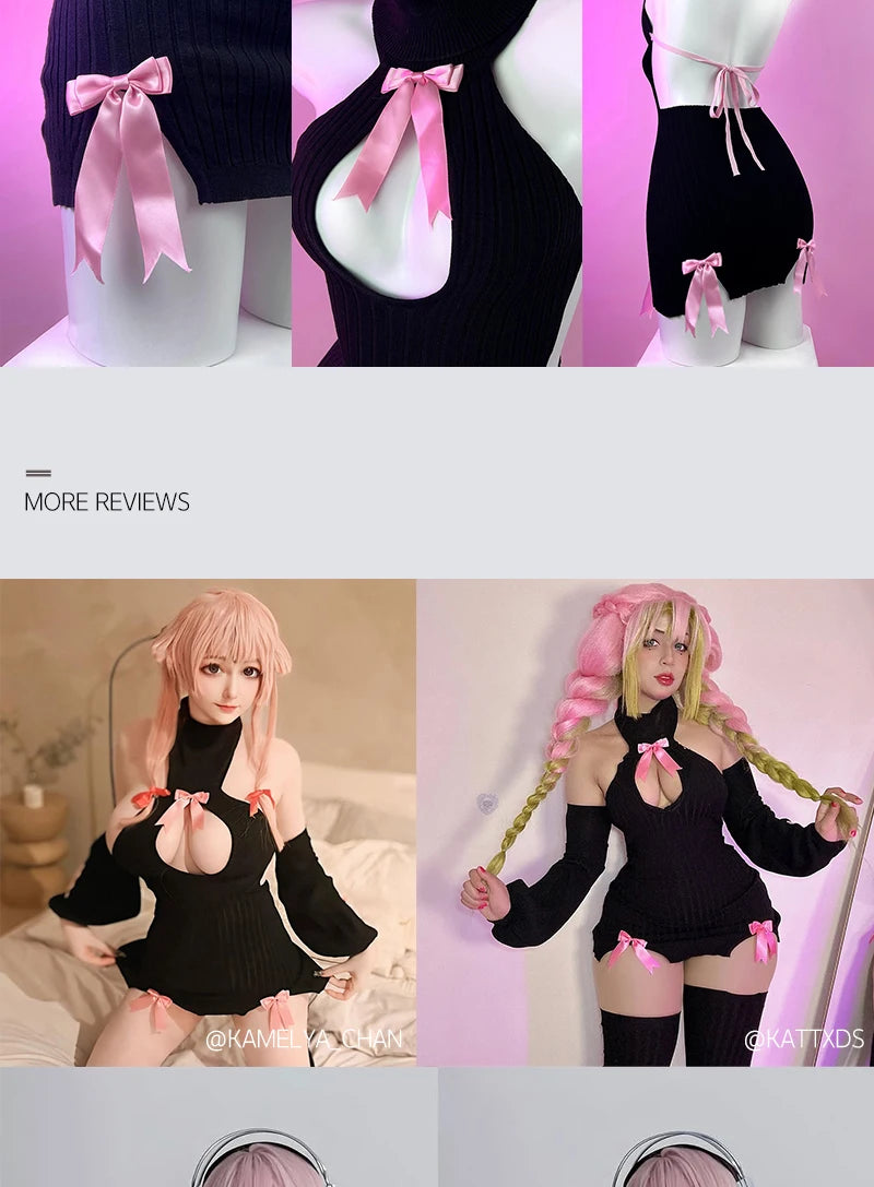 KORURACLUB autumn and winter Bowknot Sexy Black Knitted dress stockings Pink straps Backless Soft girl Turtleneck sweater